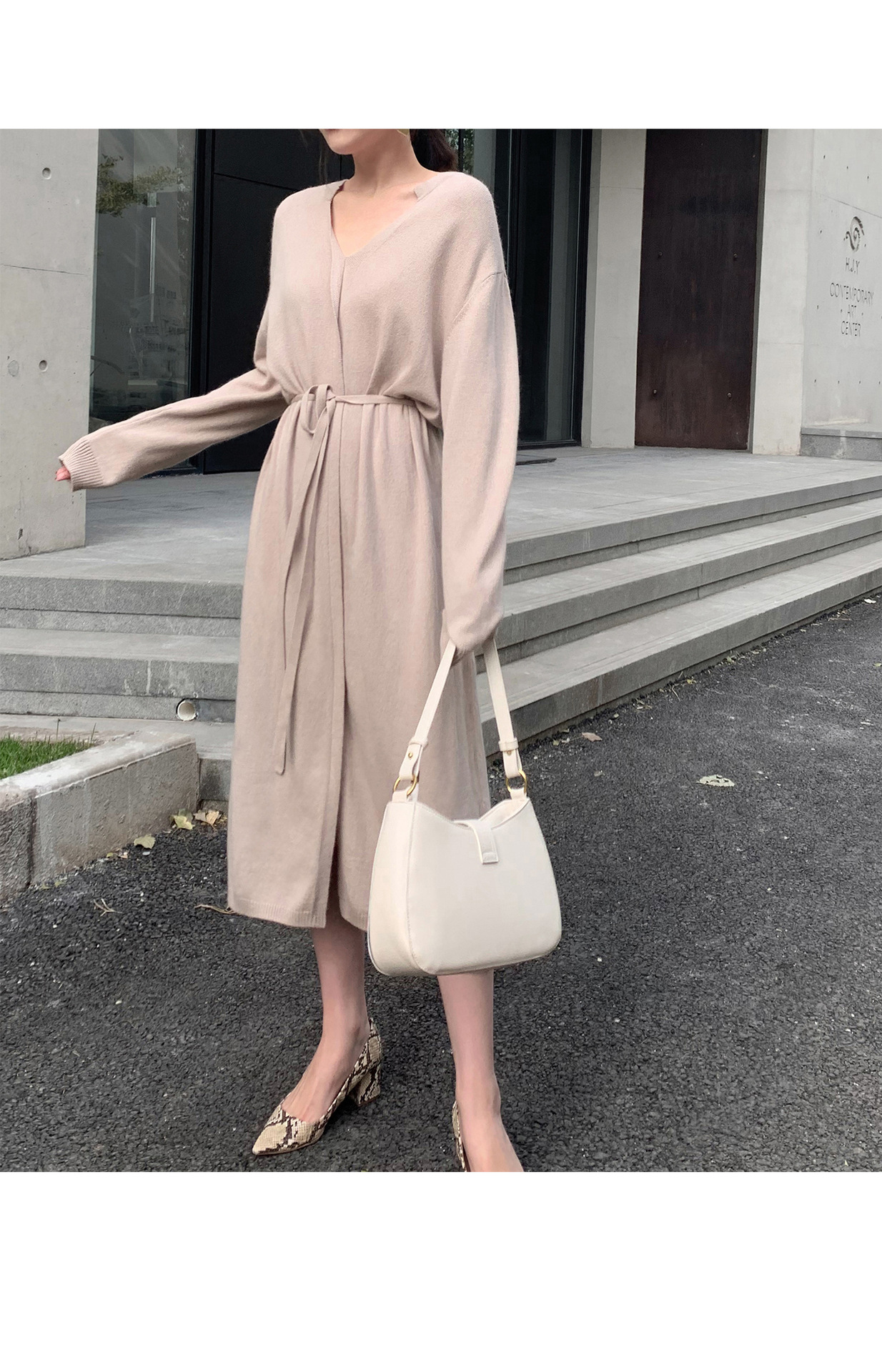 Dress Autumn Winter Simple Temperamental Slimming Solid Color Mid Length over the Knee Drawstring Waist Knitted Dress Women
