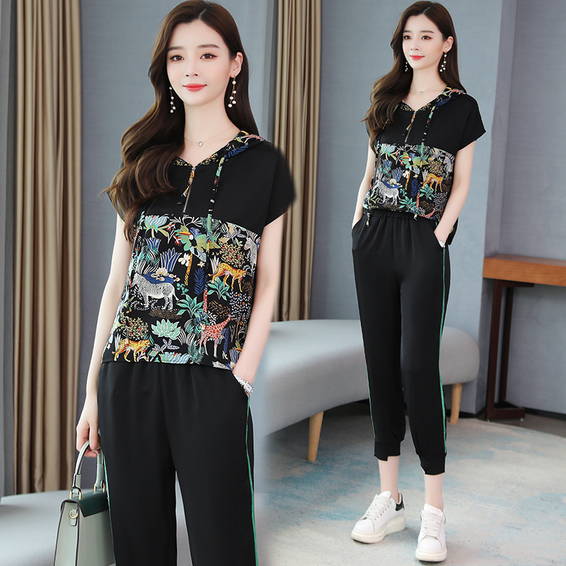 夏裝2020新款時尚寬松印花雪紡套裝女歐洲站洋氣減齡休閑褲兩件套