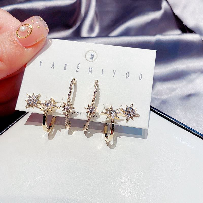 Fashion Eight-pointed Star Korean 925 Silver Needle Zircon Micro-inlaid Long Earrings Ear Bone Clip Set display picture 5