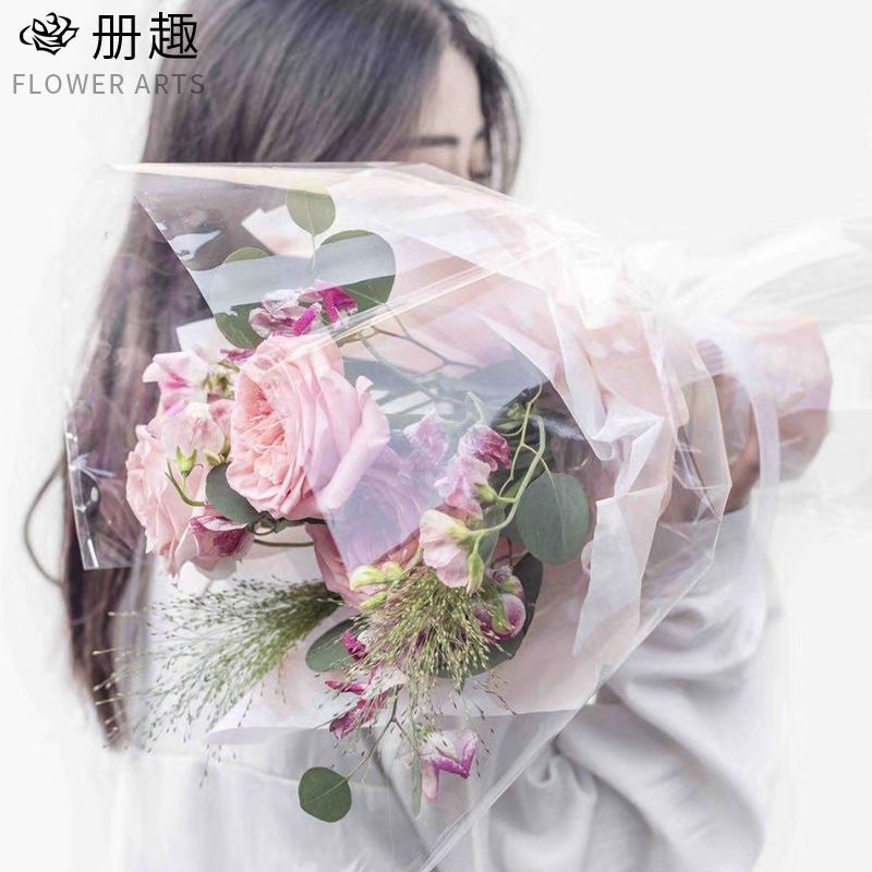 70 # papel plástico transparente tienda de flores suministros de papel impermeable material de embalaje celofán Flor de manzana embalaje al por mayor