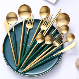 304不锈钢刀叉勺筷勺子红家用北欧风子网刀叉筷套装陶瓷西餐餐具