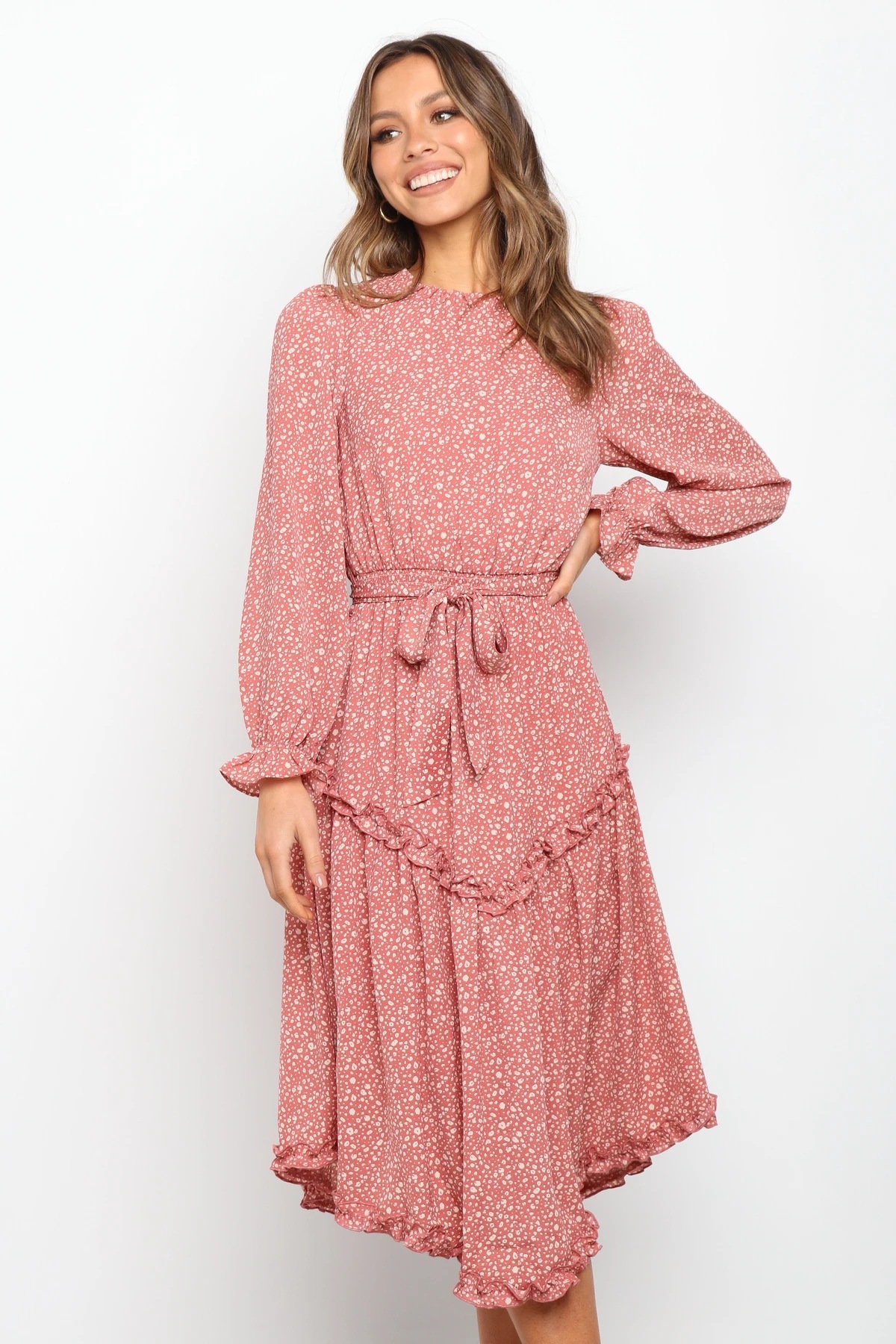  half-high collar long-sleeved waist belt printing mid-length dress NSYD3719