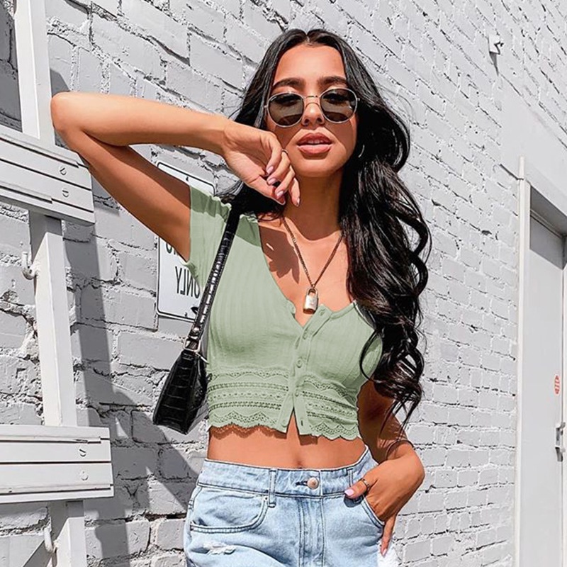Solid Color Round Neck Sexy Tight Leisure T-shirt Hollow Lace Hem Cardigan Women's Streetwear 2020 Summer New