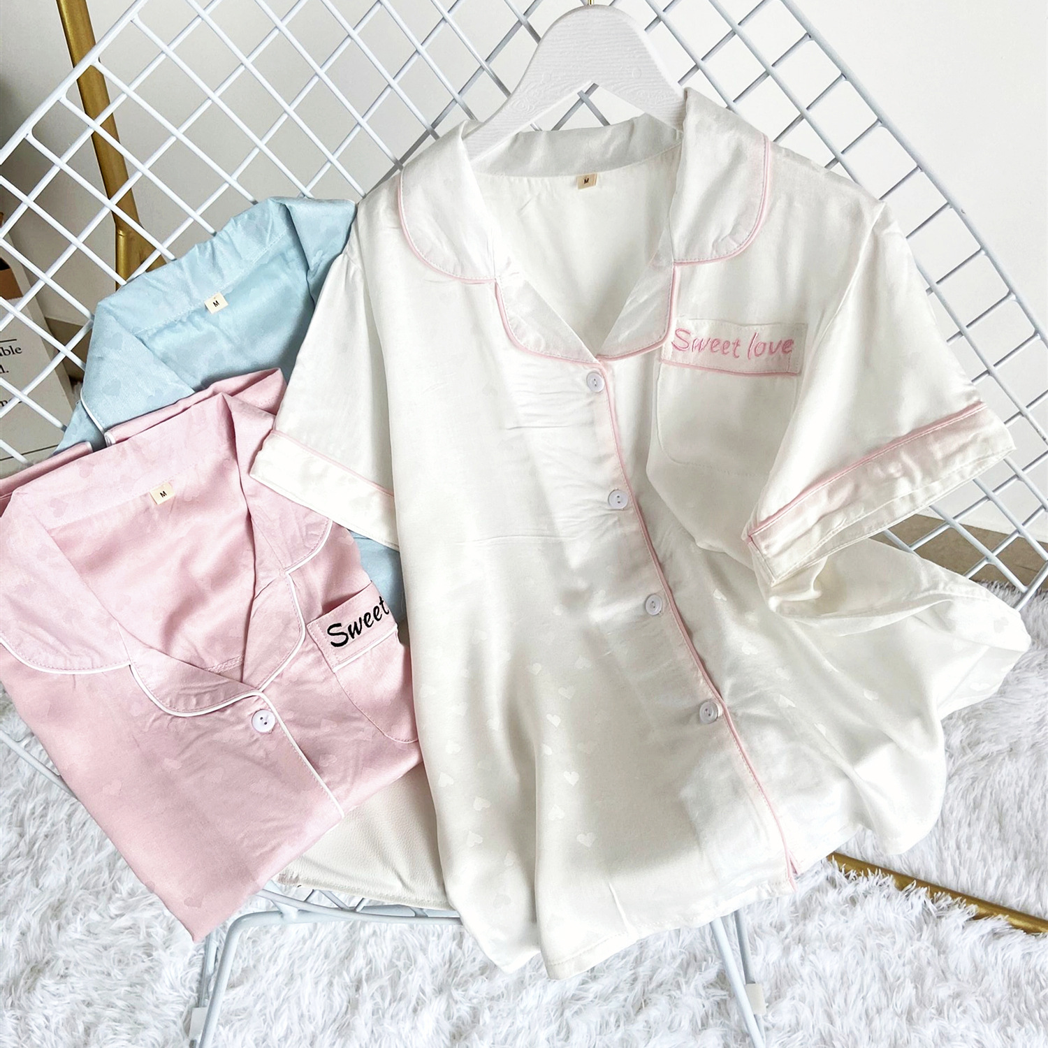 睡衣女提花绵绸夏季薄款韩版可爱时尚短袖短长裤女士家居服套装