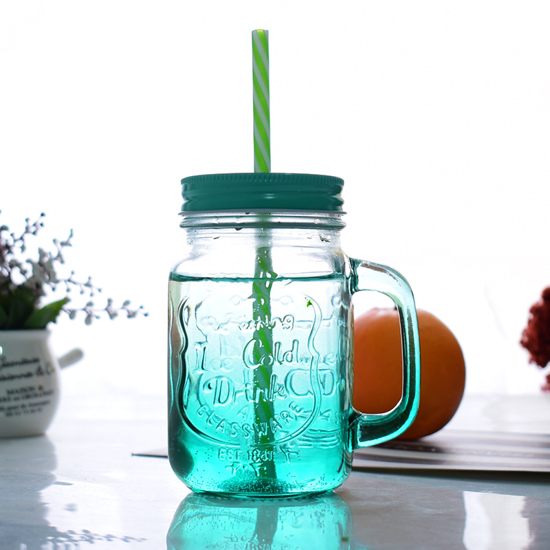 吸管杯定制奶茶把子杯把手创意公鸡杯玻璃杯梅森杯渐变彩色玻璃杯