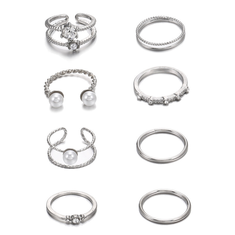 Diamond Pearl Adjustable Opening Rings 8-piece Set display picture 3