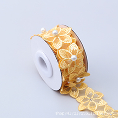 En stock 3,3 cm de una sola capa de flores bordadas de seis pétalos de flores orden perla encaje de organza de encaje ropa de falda de DIY