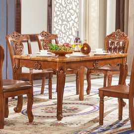 暖树家具欧式全实木长餐桌美式大理石面餐桌椅组合餐厅家具仿古色