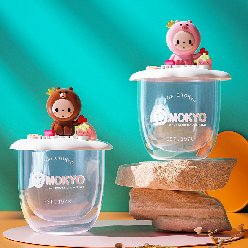 MOKYO皇冠猴卡通公仔硅胶盖高硼硅双层耐高温隔热玻璃杯果汁杯