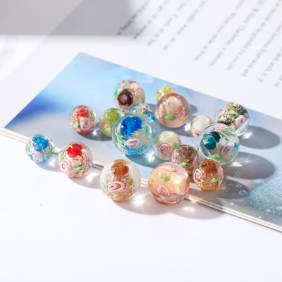 晗钰缘 精品日式金粉玫瑰花圆珠diy饰品配件串珠手工琉璃金箔散珠