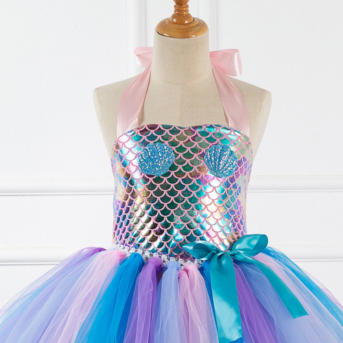 Girls modern dance colorful ballet dress flower girls pettiskirt cospaly show dress birthday party gift fish scale dress skirt