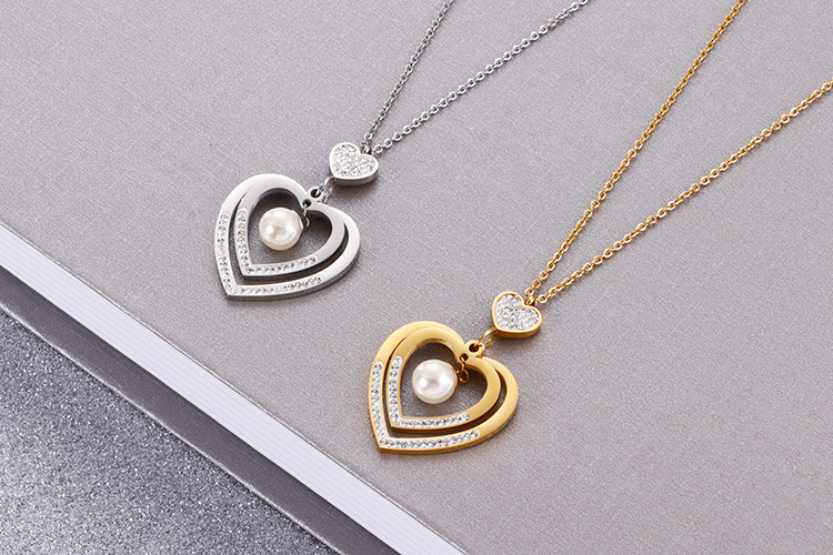 Foreign Trade Supply Korean Accessories Fashion Simple Women Heart Pearl Earrings Necklace Two-piece Ornament Wholesale display picture 12