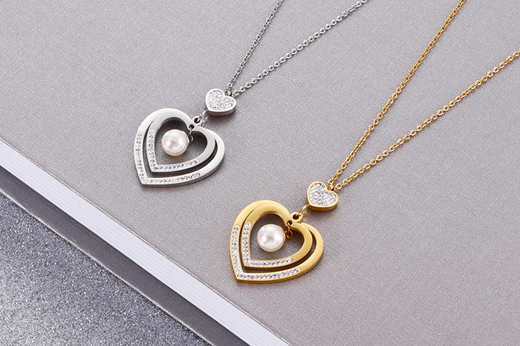Foreign Trade Supply Korean Accessories Fashion Simple Women Heart Pearl Earrings Necklace Two-Piece