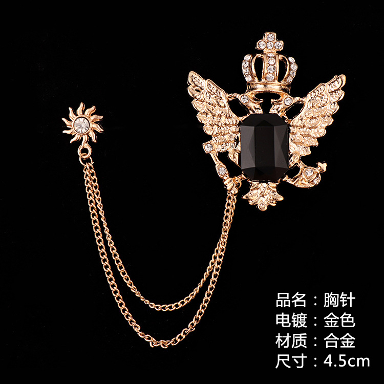 British style black gemstone Eagle With drill chain fashion Pin man suit Accessories personality tassels Chest badge