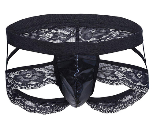 Sexy underwear men's foreign trade European and American men's lace see-through three-point leather underwear JJ pocket wholesale dropshipping 1224
