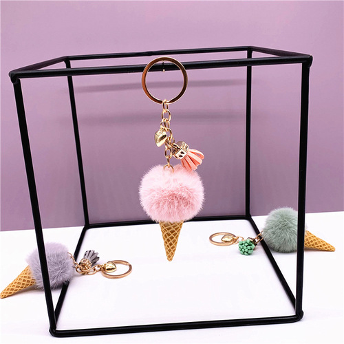 Ice cream keychain cute bag cartoon plush pendant cone car key chain ring fur ball creative gift