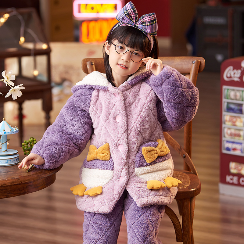 冬季女童睡衣加厚加绒三层保暖珊瑚绒夹棉大中小家居服儿童套装秋