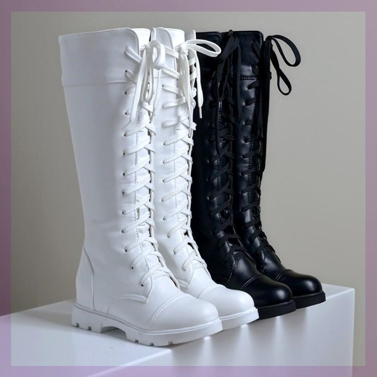 New Arrival White Military Boots British Retro Women's Long Boots 2020 Spring and Autumn Front Lace-up Rider Boots Flat