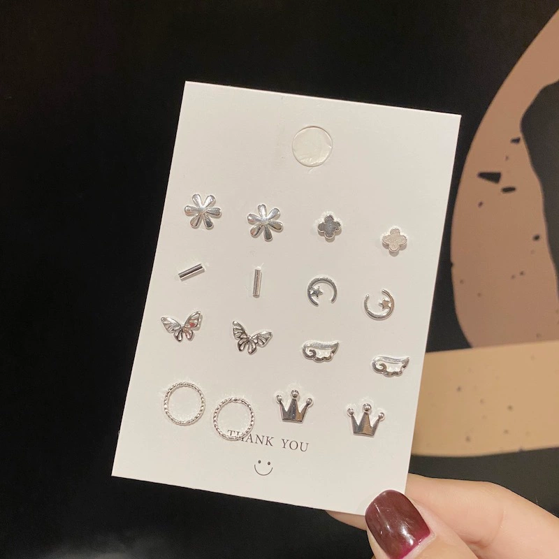Glossy Earrings Set, Bow Accent, Korean Simple Elegant Style, Copper, Multi-Shape Kit