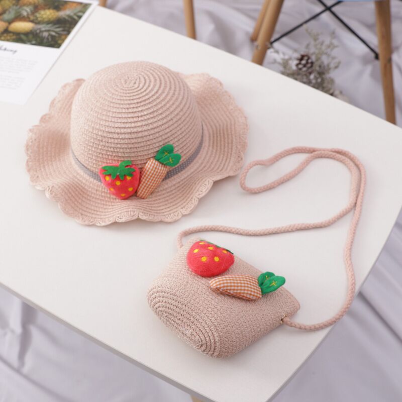 Cute Wavy Children's Straw Summer Girl Travel Beach Sun Hat Bag Set display picture 5