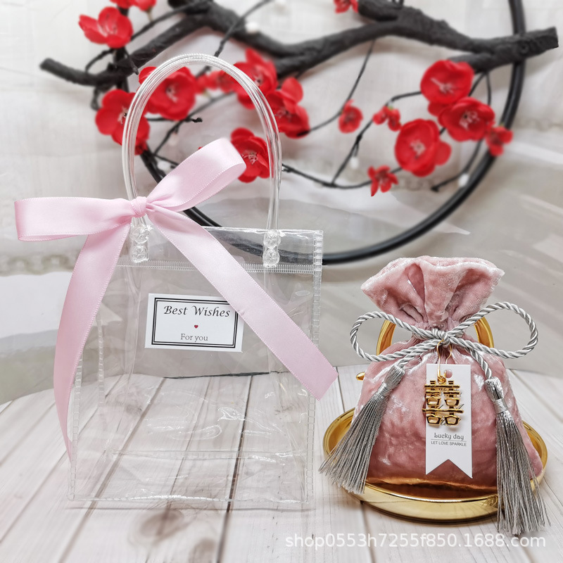 结婚喜糖袋丝绒ins风喜糖礼盒装手提袋PVC透明包装袋婚礼糖果袋子