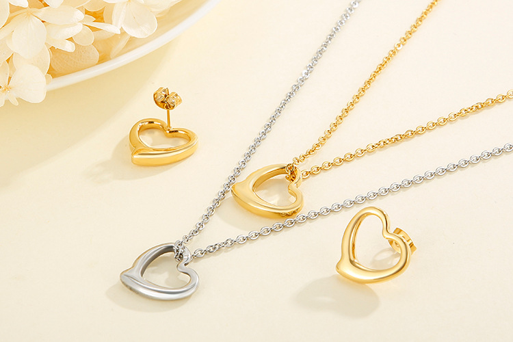 simple hollow heart-shaped double-layer necklace earrings stainless steel set wholesale nihaojewelry