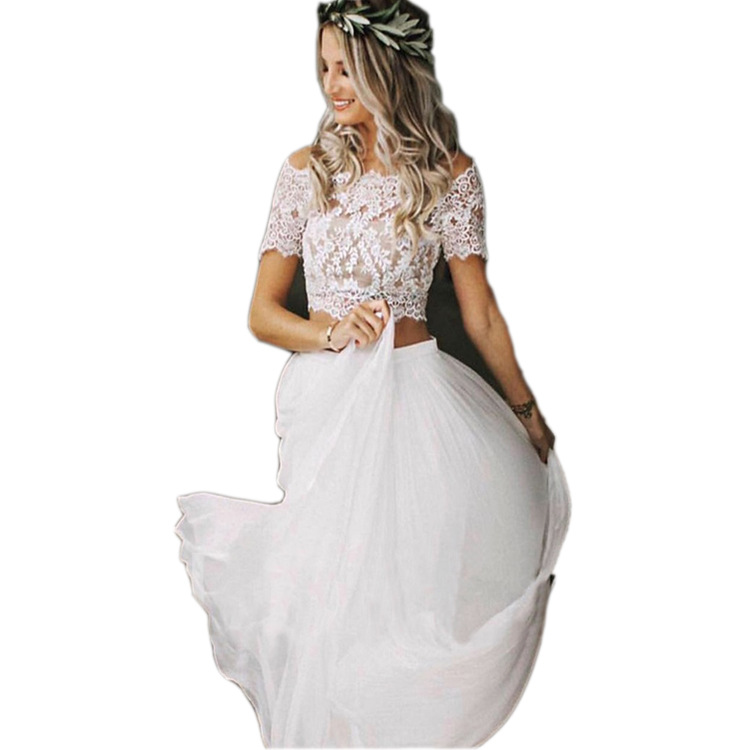 2025 New One-Shoulder Short-Sleeved Suit Slimming Look Lace Floor-Length Chiffon a Version Wedding Dress Travel Photography Gauze
