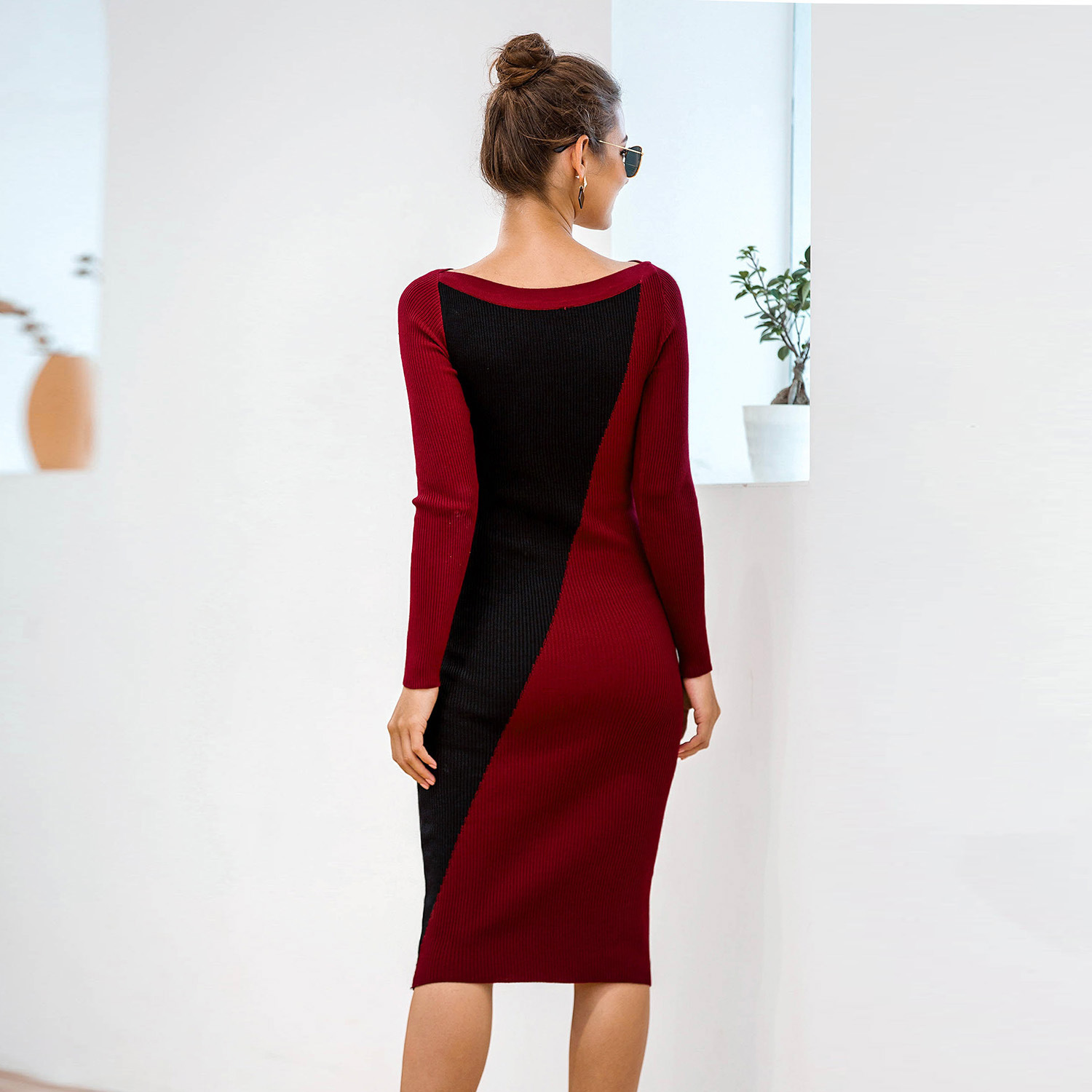 off-shoulder contrast color knitted dress NSMY28147