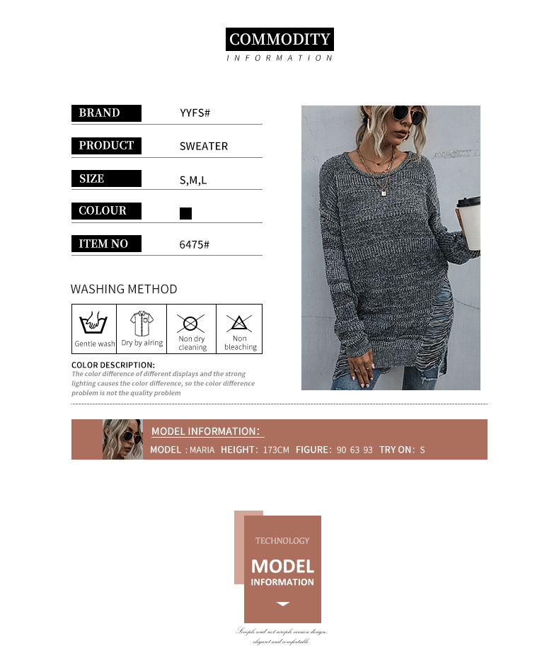 Einfarbiger, langärmeliger Rundhalspullover mit Rissen im Waldstil_voghion.com