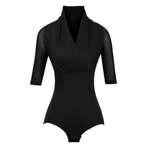 Latin dance practice clothing, modern dance clothing, half-sleeved female adult practice jumpsuit, pleated top []