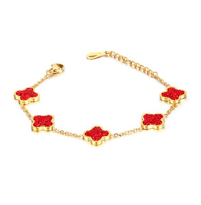 韩版创意新款女士四叶草手链18k玫瑰金饰品 五个四叶花红钻手链