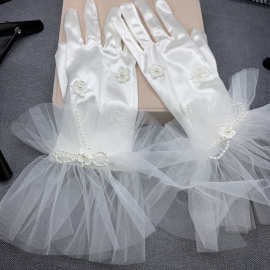 新娘手套新品婚纱手套蕾丝仙森系长短款新娘结婚花朵白纱短款缎面