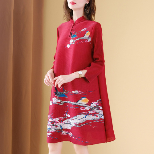 National retro printed Chongsam dress women loose large pleated cheongsam qipao dresses