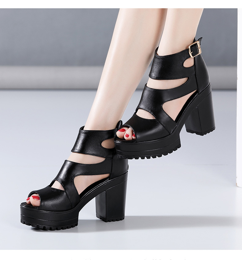 Sandal nữ đế xuồng cao gót mũi hở phong cách La Mã, gót 8 cm, đế dày platform — Màu đen, Màu đen 8cm chi tiết 13