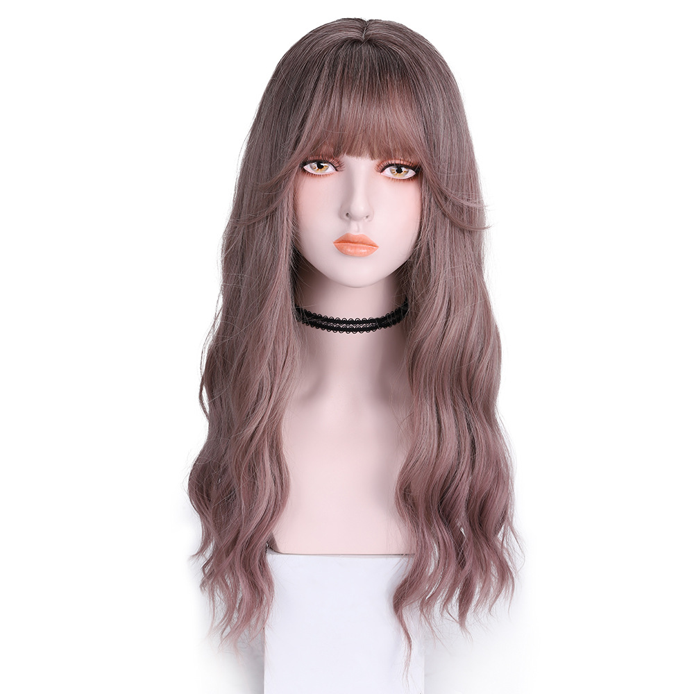 Perruque synthétique Set Femme Air frange Micro Wave Full Top Mesh Rouge Cheveux longs bouclés_voghion.com