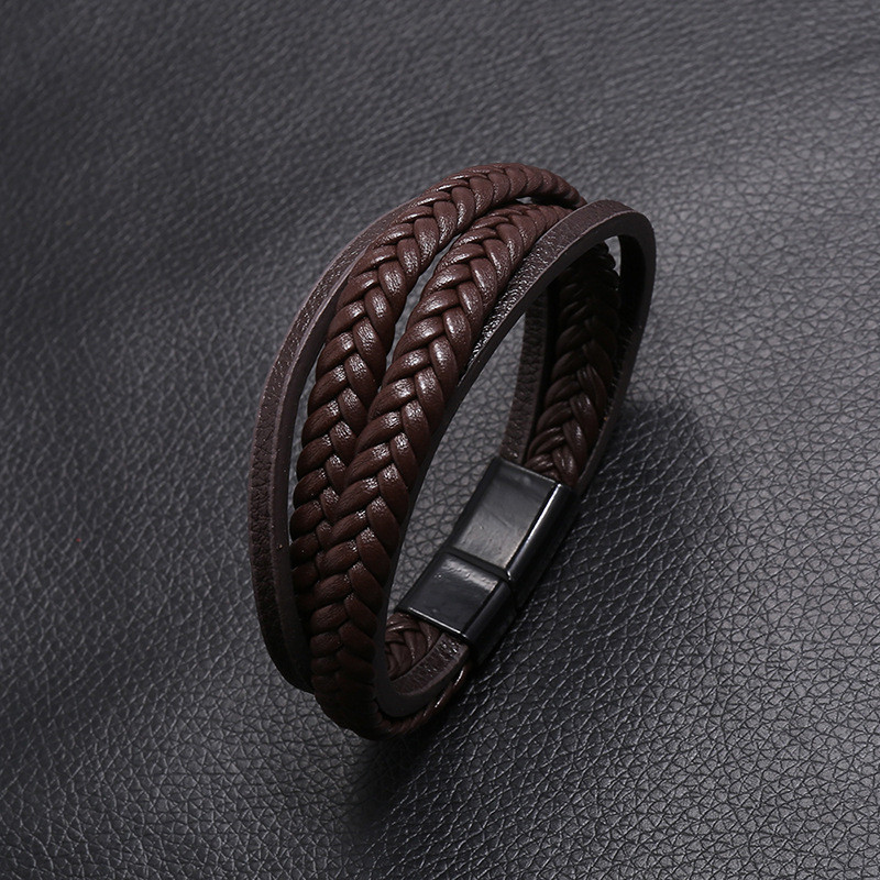 Men's Leather Bracelet, Multi-layer Woven Wristband With Magnetic Clasp_voghion.com
