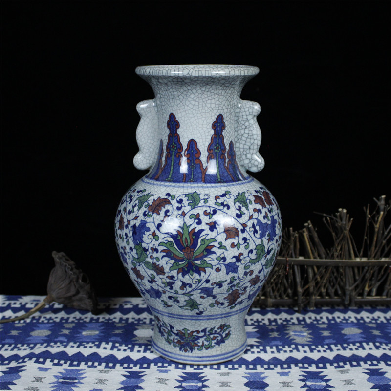 批发景德镇陶瓷摆件青花缠枝莲仿古官窑开片花瓶中式创意家居饰品