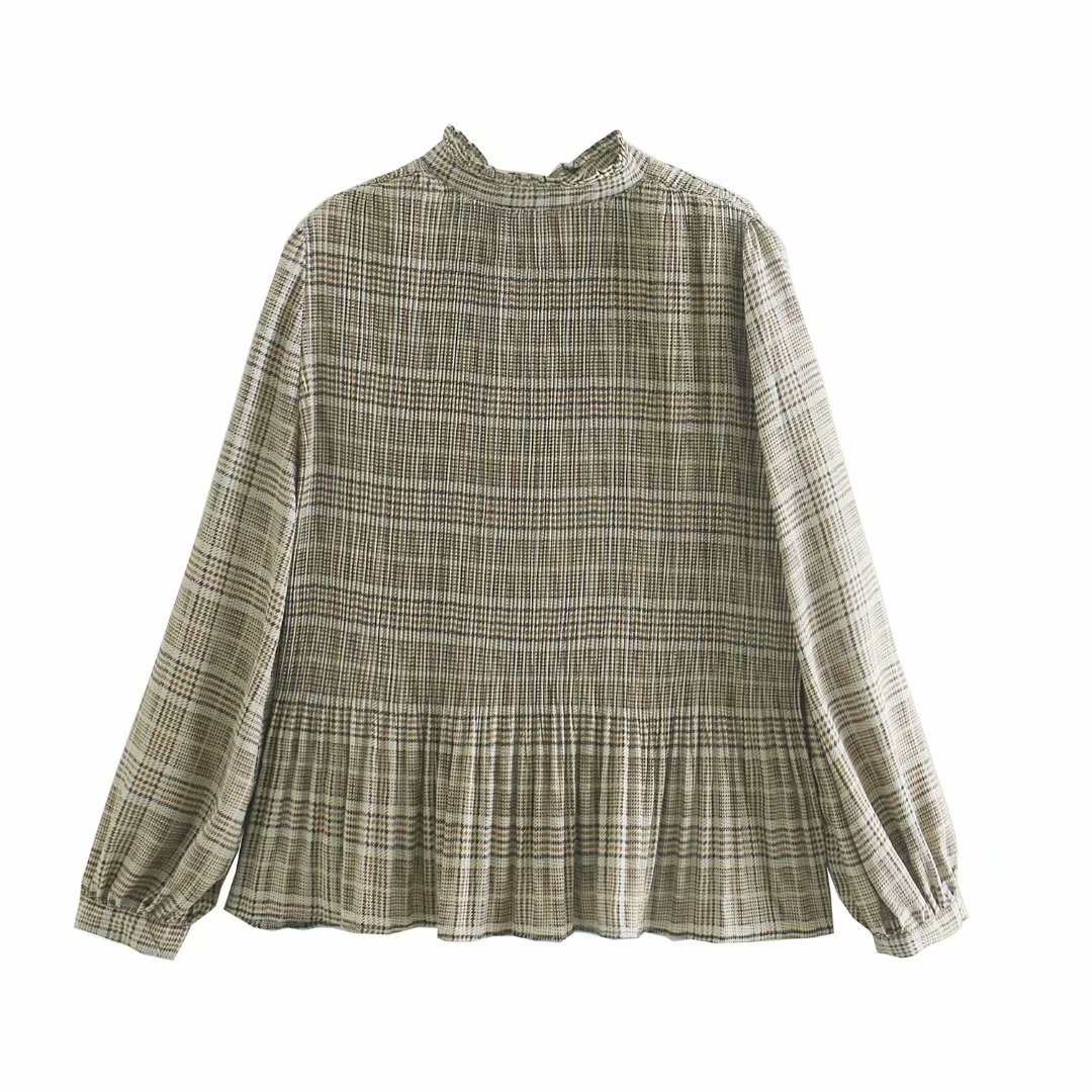 pleated plaid puff sleeve lace slim shirt  NSAM14275