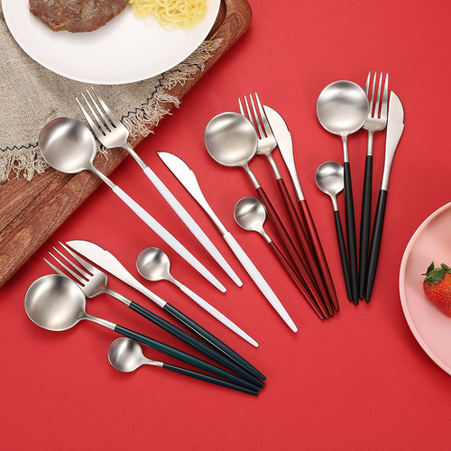 Cross-border 304 stainless steel Portuguese tableware set knife, fork and spoon round handle thick Western tableware Nordic hotel steak knife
