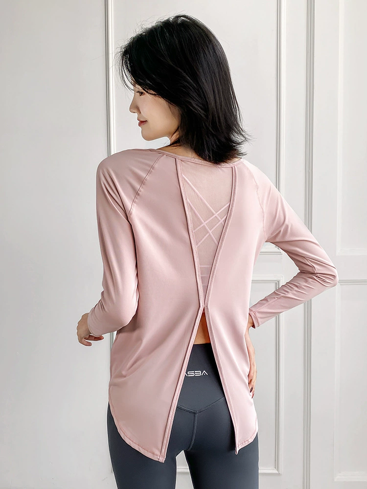 Свободная спинка с сеткой для йоги Женский тренировочный Быстросохнущий Топ Спортивная одежда для фитнеса Футболка для бега с длинным рукавом в наличии Оптовая продажа