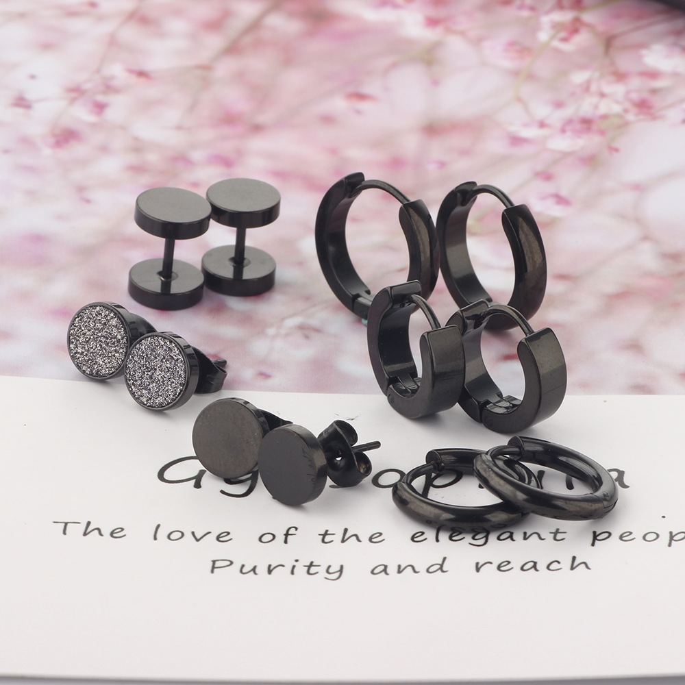 Men's Stainless Steel Earring Set with Dragon and Phoenix Design - 8mm Black 12-Piece Wholesale Ear Jewelry detail image 10