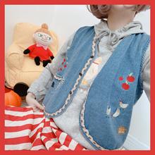 2020秋季新款 日系学院风甜美蕾丝花边刺绣口袋v领牛仔马甲背心