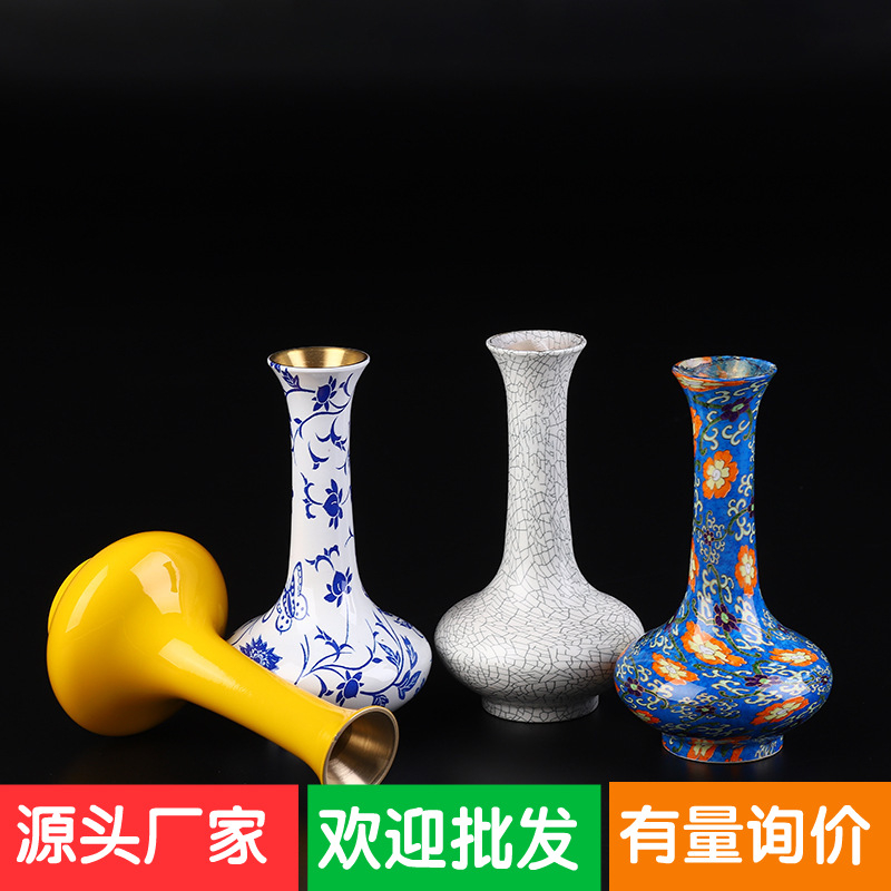 铜花瓶纯铜摆件复古新中式仿陶瓷青花瓷景泰蓝小花瓶客厅插花装饰