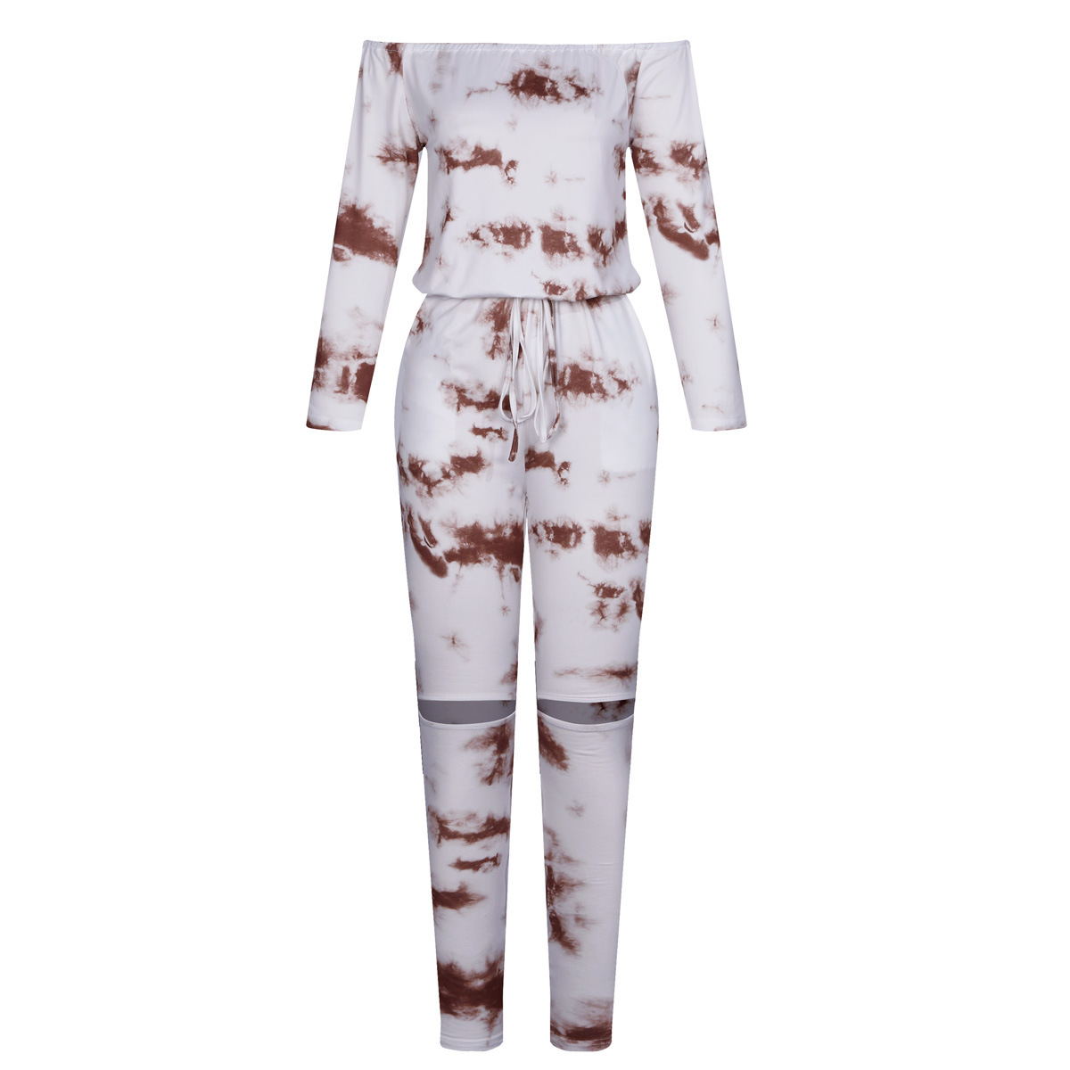 Fall Long Sleeve off Shoulder Lace up Pocket Ripped Tie Dye Jumpsuit