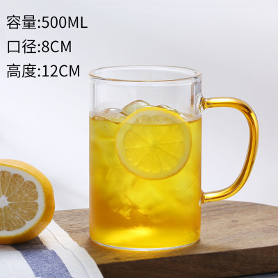 Taza de agua de mango de color recto de borosilicato al por mayor de fábrica con mango taza de té verde transparente de vidrio engrosado de una sola capa para el hogar