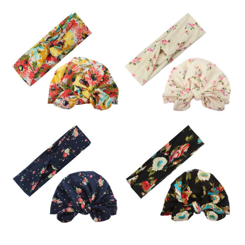 New European and American mother and baby set, printed cross headband, printed bunny ears hat, cute printed headband