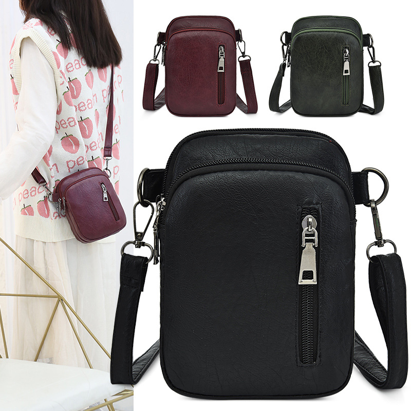 手机包女软皮PU真皮质感斜挎包休闲百搭小方包多层拉链单肩零钱包|ms