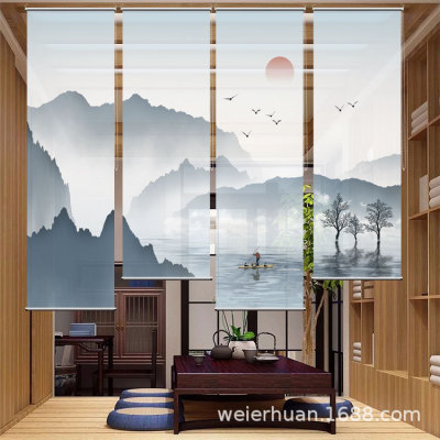 批发定制新中式山水隔断悬挂屏风帘图案印花半透玄关经编透景纱帘