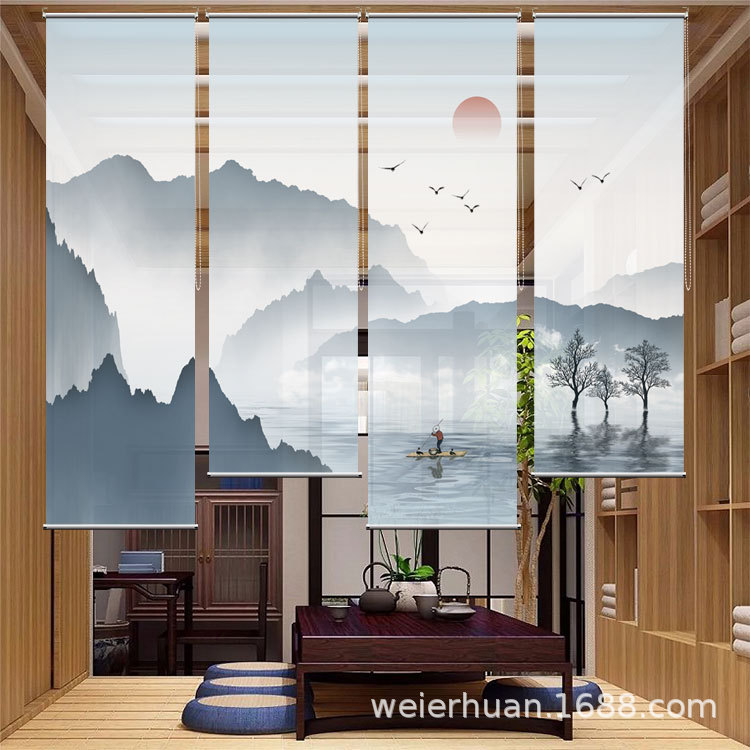 批发定制新中式山水隔断悬挂屏风帘图案印花半透玄关经编透景纱帘