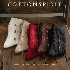 Cotton Spirit Korean Socks, Aplomb Pattern Knitted Mid-Calf Cotton Socks, Autumn/Winter Retro Small Floral Print, HyunA Style Women's Socks